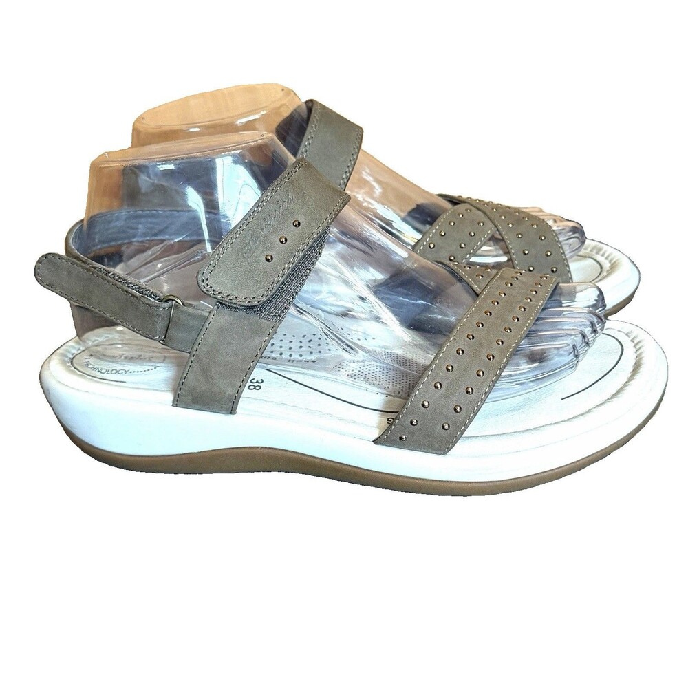 Swissies Womens 7.5 8 EU 38 Leather Comfort Sandals Beige Studded Hook & Loop